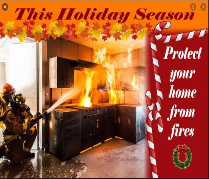 fire in kitchen with holiday trimming
