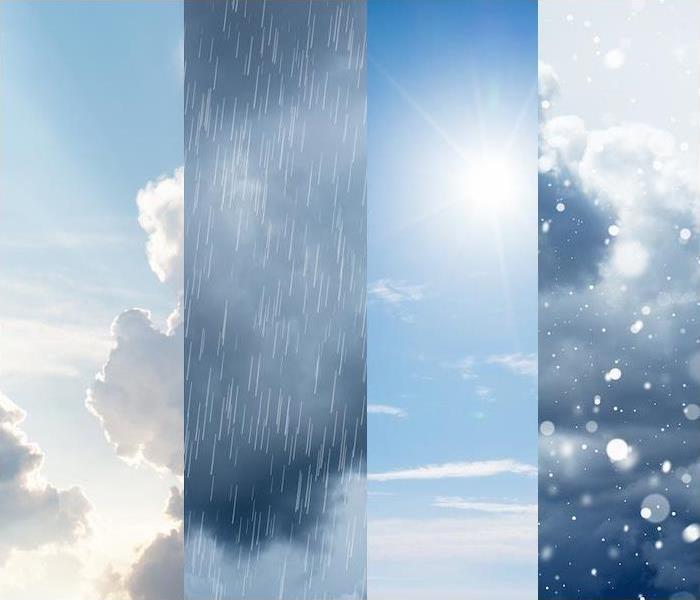 an image with a cloudy, rainy, sunny and snowy sky